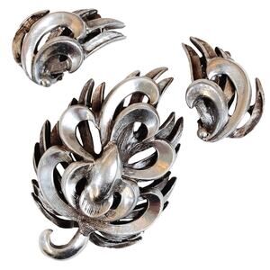 VTG Mid Century 44g Silver Brooch Earrings Set Layered Modernist 50s Jewelry